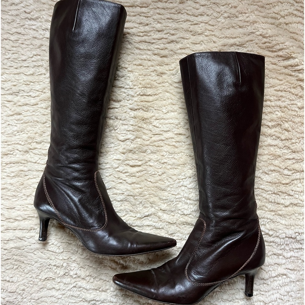 J.Crew brown pebbled leather tall boot point toe kitten heel 7.5